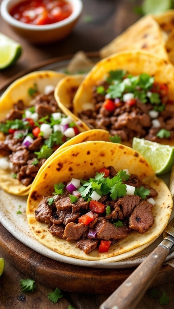 Close-up of marinated flank steak tacos with cilantro, onions, and lime on a wooden table.