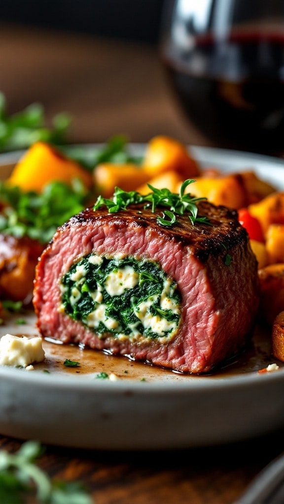 Stuffed filet mignon with spinach and feta on a plate, accompanied by roasted vegetables and a glass of red wine.