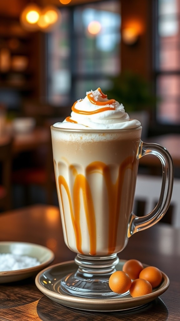 Salted caramel latte with layers of espresso and steamed milk, topped with whipped cream and caramel drizzle, in a café setting.