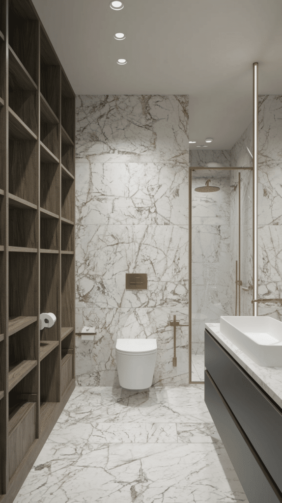 A modern bathroom with marble walls and floor. It features a toilet, a large wooden shelving unit, a sink with a countertop, and a glass-enclosed shower. Recessed ceiling lights illuminate the space, and theres a roll of toilet paper on a shelf.