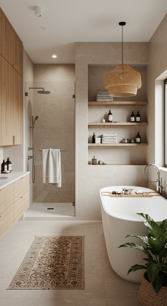 Modern bathroom with a minimalist design. Features a glass-enclosed shower, freestanding bathtub, wooden shelves with towels and toiletries, and a rug on light tile flooring. A potted plant and woven pendant light add natural elements.