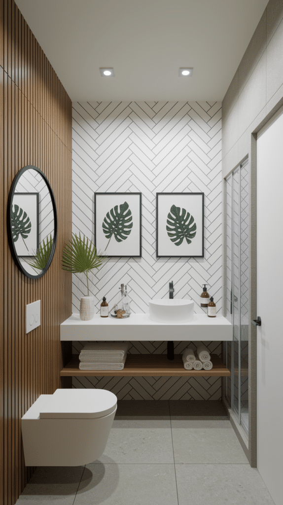 Modern bathroom with a floating vanity, round mirror, and wall-mounted toilet. The back wall features herringbone tiles with two framed leaf prints. Shelves below the sink hold rolled towels. Wooden paneling and glass shower door add warmth and elegance.