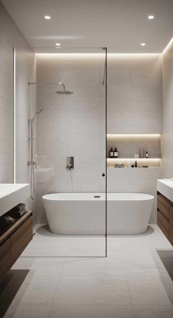 A modern bathroom with a freestanding bathtub, a glass shower partition, and recessed shelves stocked with toiletries. The room features sleek wooden cabinets and soft overhead lighting, creating an elegant and minimalist design.