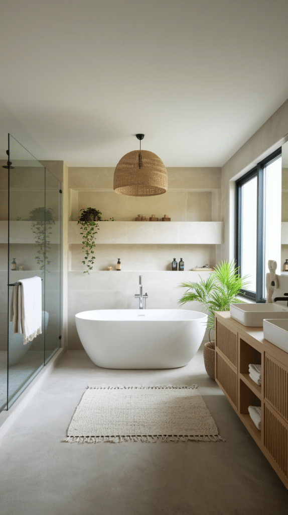 A modern bathroom featuring a freestanding white bathtub, large glass-enclosed shower, and a wooden vanity. Shelves with plants and toiletries adorn the wall above the tub, and a large window allows natural light. A woven pendant light hangs overhead.
