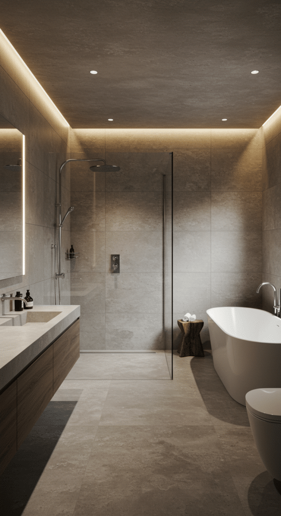 Modern bathroom with a freestanding bathtub, walk-in shower, and dual sinks. Beige tiles cover the walls and floor, with warm recessed lighting above. A wooden stool holds towels near the tub, creating a cozy atmosphere.