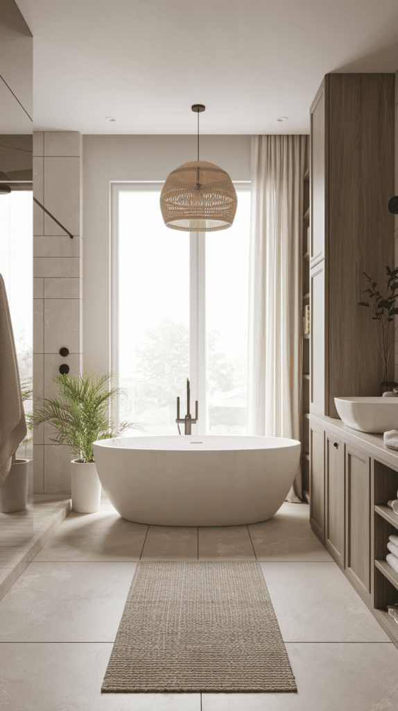 Modern bathroom with a freestanding bathtub in front of a large window. It features a woven pendant light, a beige rug, and wooden cabinetry. A potted plant adds greenery to the neutral-toned space.