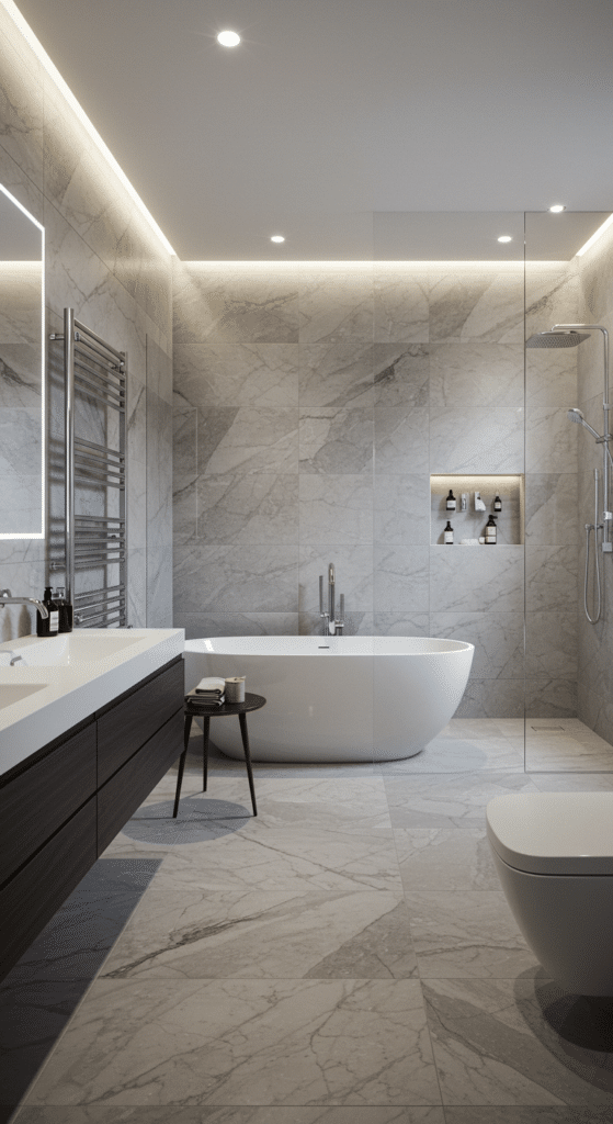 A modern bathroom with a freestanding bathtub, glass-enclosed shower, and large vanity. Gray marble tiles cover the floor and walls. Recessed lighting and a backlit mirror illuminate the space. A wooden stool holds bath items next to the tub.