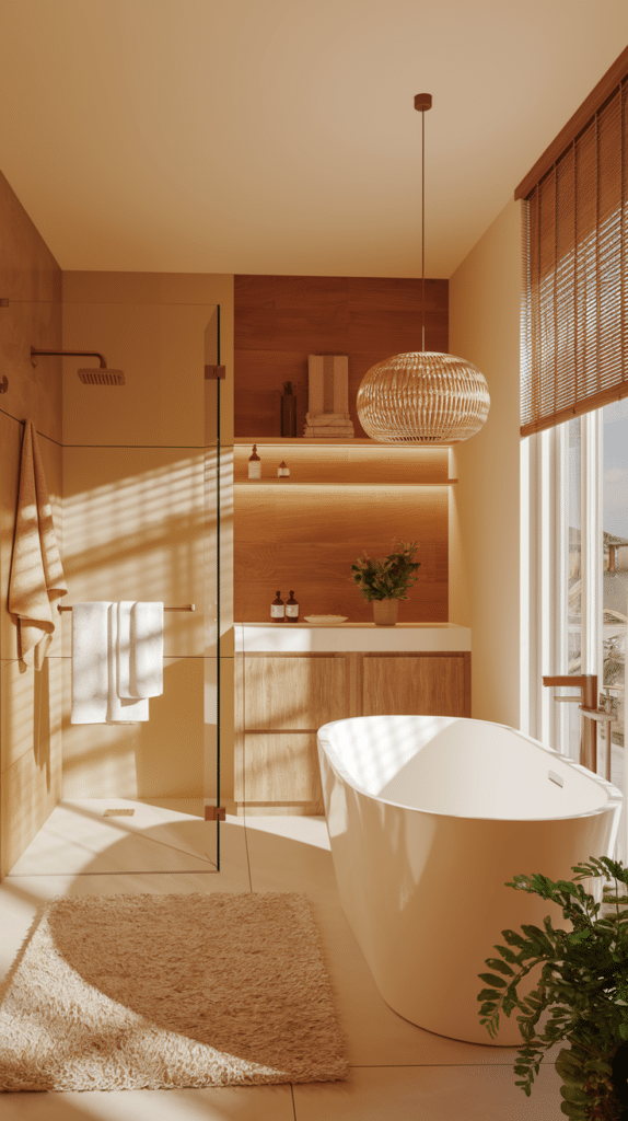 A modern bathroom with a freestanding white bathtub, wooden vanity, and glass shower. Warm lighting, a wicker pendant light, and potted plants add a cozy feel. Towels hang on the wall, and sunlight streams through a window with blinds.