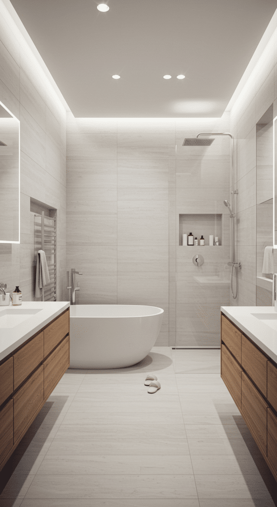 Modern bathroom with a freestanding white bathtub, wooden cabinets, and large mirrors. The shower area has glass doors, and there are ceiling lights. The space is decorated in neutral tones, and a pair of white slippers are on the floor.
