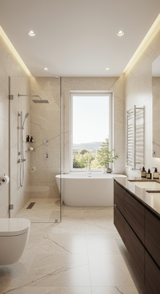 A modern bathroom with marble tiles, featuring a freestanding bathtub by a window overlooking greenery, a walk-in shower, double sink with a wooden vanity, and a heated towel rack. The room is bright with recessed ceiling lights.