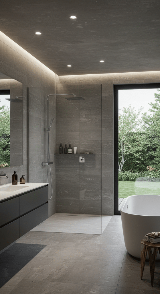 Minimalist bathroom with a large walk-in shower, gray tiles, and an overhead rain shower. A freestanding white bathtub is next to a window overlooking a garden. A double sink vanity with toiletries is on the left.