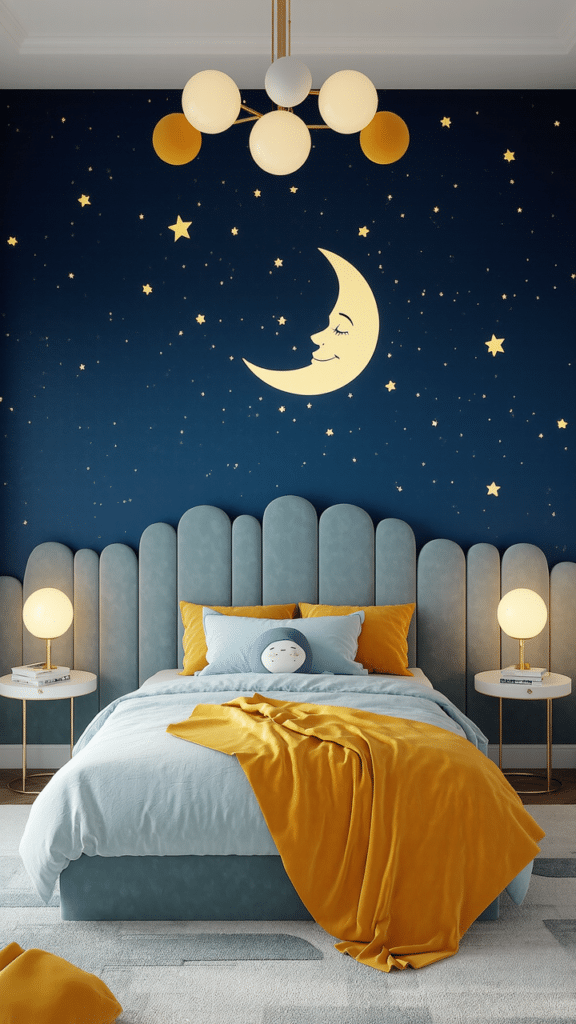 A cozy bedroom with a celestial theme features a blue bed and headboard, yellow and blue bedding, and moon and star decor on the dark blue wall. Two bedside tables with lamps flank the bed, and a modern chandelier hangs above.