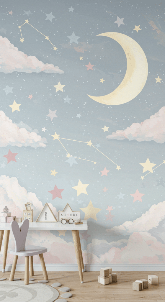 A dreamy childrens room wall features a whimsical mural with a crescent moon, stars, constellations, and clouds against a pastel sky. A small desk, chair, and playful decor items are in the foreground.