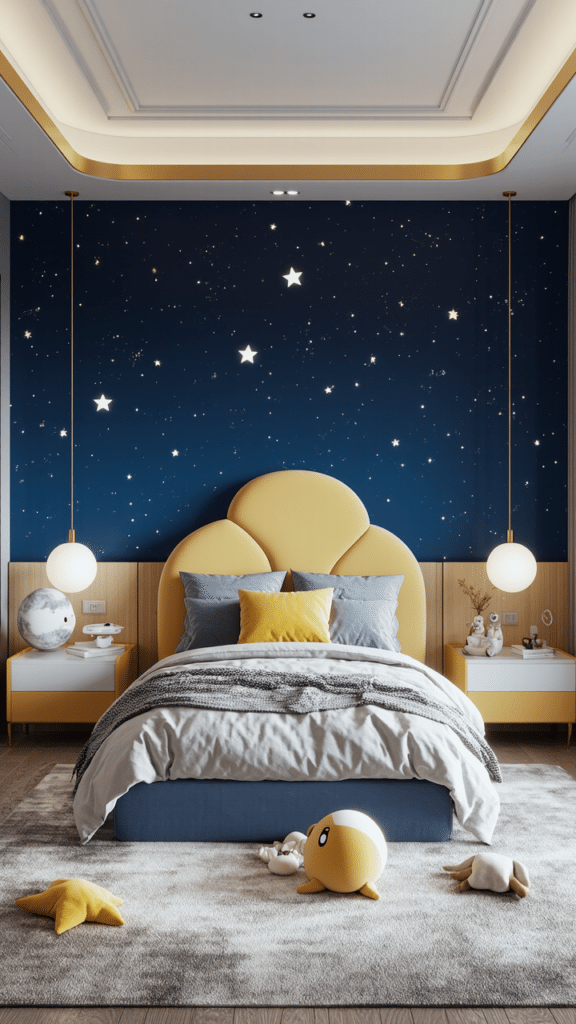A cozy bedroom features a cloud-shaped yellow headboard against a starry wall. Two round pendant lights hang over nightstands. The bed has gray and yellow pillows, and plush toys lie on a fluffy gray carpet.