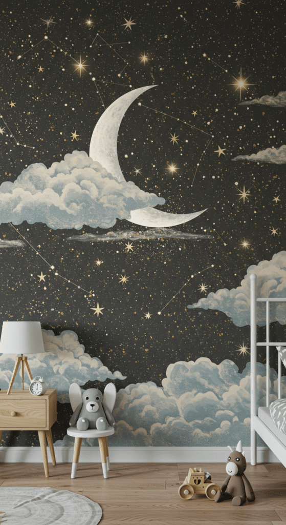 A childrens room features a wall mural with a crescent moon, stars, and clouds against a dark sky. A small wooden nightstand with a lamp and a chair with a stuffed animal sit near a white bed. A wooden toy and plush donkey are on the floor.