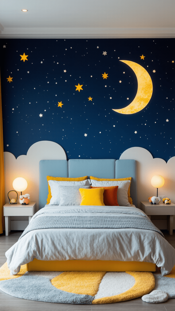 A cozy bedroom features a bed with blue and yellow bedding. The wall behind has a starry night theme with a glowing crescent moon and stars. Soft ambient lighting and cloudy shapes enhance the dreamy atmosphere.
