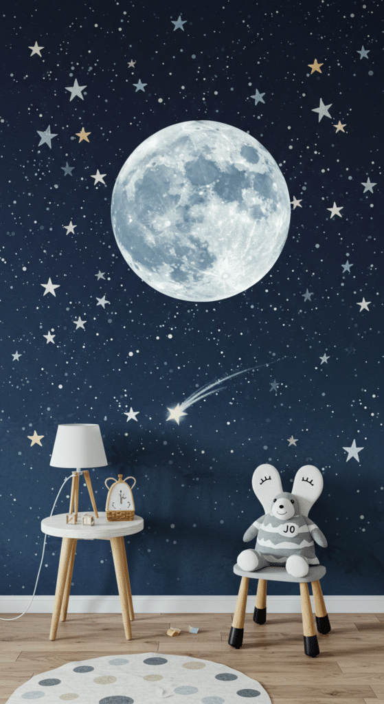 A cozy childrens room with a starry night wall mural featuring a large moon and stars. Theres a small wooden table with a lamp and clock. A plush bunny sits on a padded chair, and a round rug with polka dots covers part of the wooden floor.