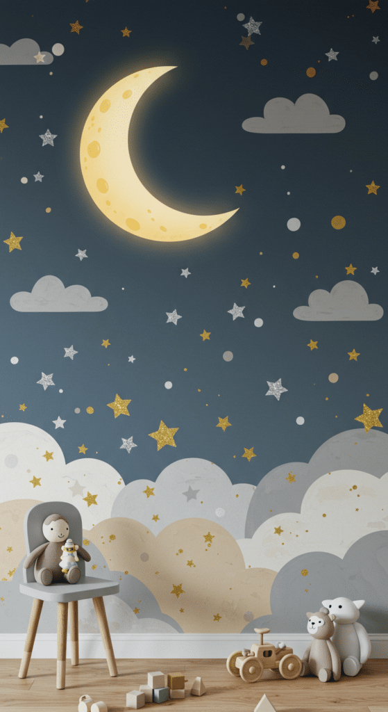 A whimsical nursery wall mural features a glowing crescent moon, fluffy clouds, and stars on a dark background. A plush toy sits on a chair, and toy bears and a wooden train are on the floor, creating a cozy atmosphere.