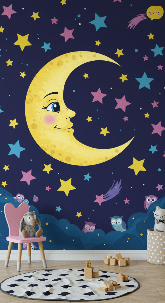 Whimsical wall mural with a smiling crescent moon surrounded by colorful stars and comets against a dark sky. Below are cartoon owls on clouds, a pink chair, plush toys, and a black-and-white rug with a round pattern.
