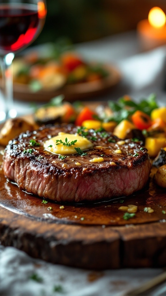 A juicy ribeye steak with garlic butter, garnished with herbs, served with roasted vegetables and wine.