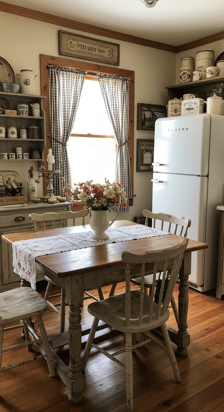A rustic kitchen with a wooden table and chairs in the center, a vintage white fridge, checkered curtains on the window, shelves holding ceramic jars, and a flower arrangement in a white pitcher on the table.