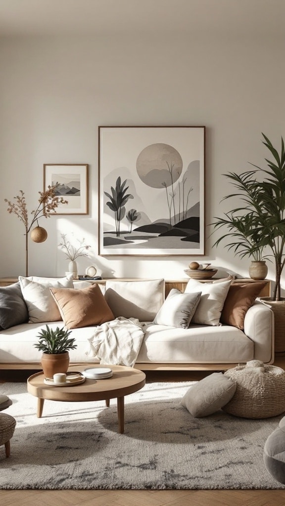 A Japandi style living room featuring a neutral color palette, cozy cushions, landscape artwork, and greenery.