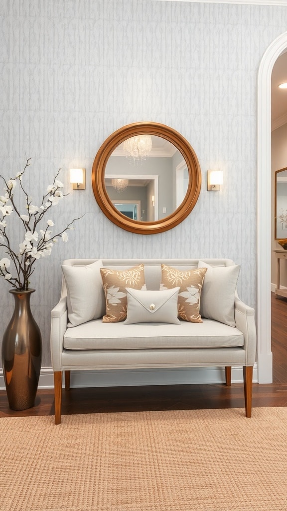 An ornate gold mirror reflecting light in a hallway