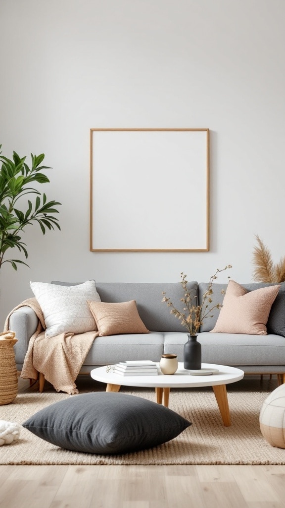 A cozy Japandi style living room featuring a gray sofa with pillows, a round coffee table, and a plant.