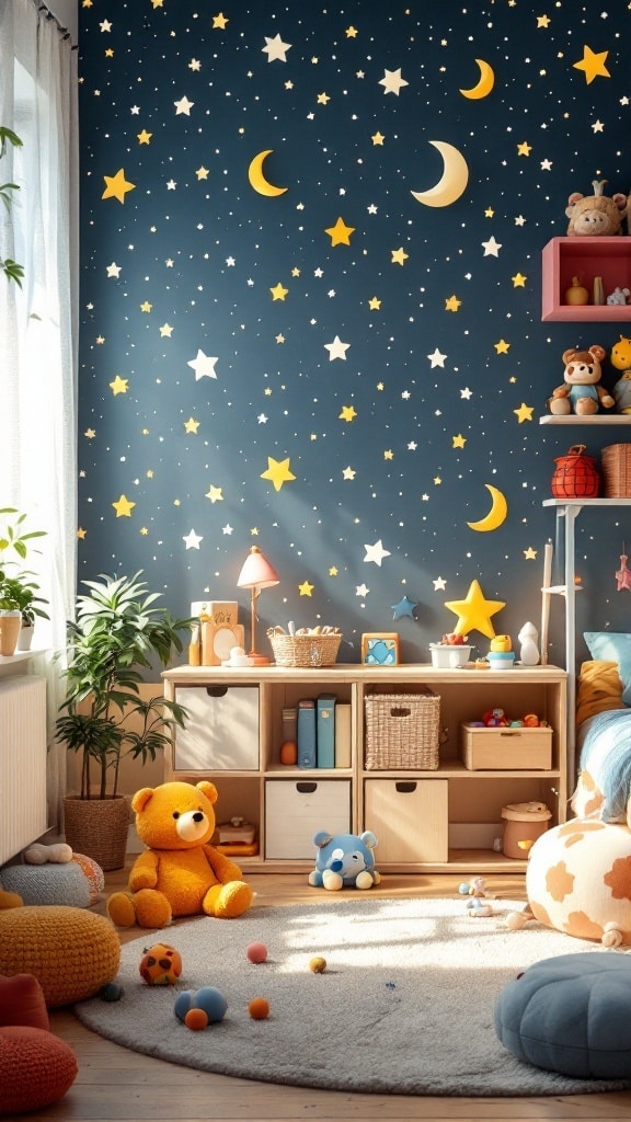 A child's bedroom with a star and moon themed wallpaper, featuring a cozy play area with soft toys.