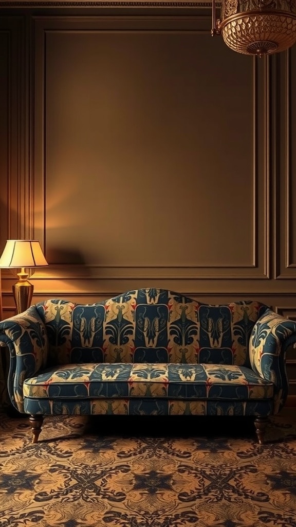 Chic Art Deco upholstered sofa with intricate patterns in a cozy setting.
