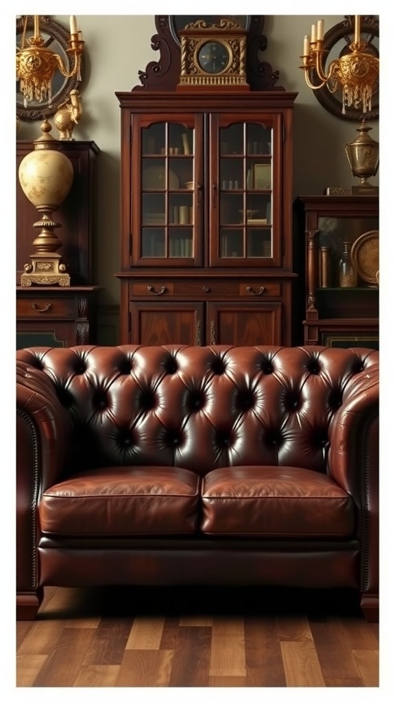 A classic Chesterfield sofa in rich brown leather with deep button tufting, set against a backdrop of vintage decor.