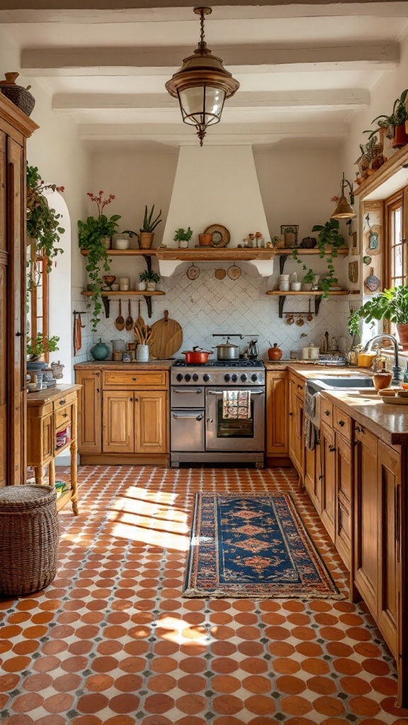 A warm kitchen featuring classic terracotta tiles, wooden cabinets, and plants.