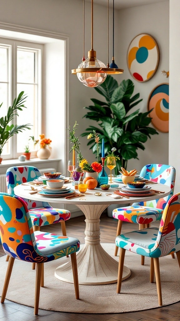 A colorful dining room featuring a round table and patterned chairs, decorated with flowers and candles.