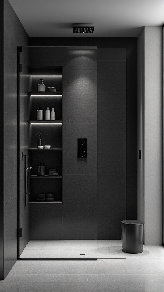 A modern dark shower room featuring built-in shelves and minimalistic design.