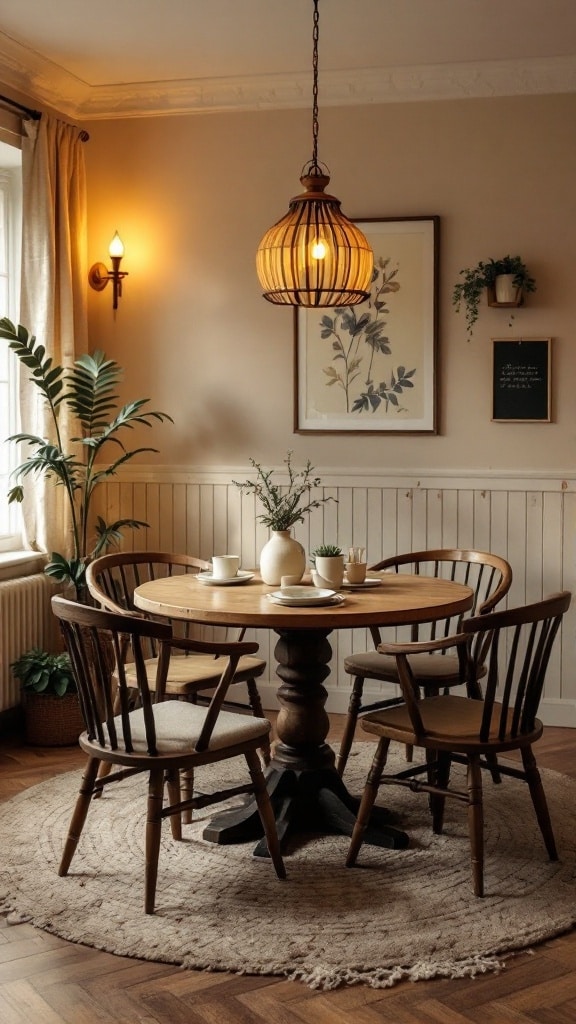 A cozy dining room featuring a round wooden table with chairs, soft lighting, and decorative plants.
