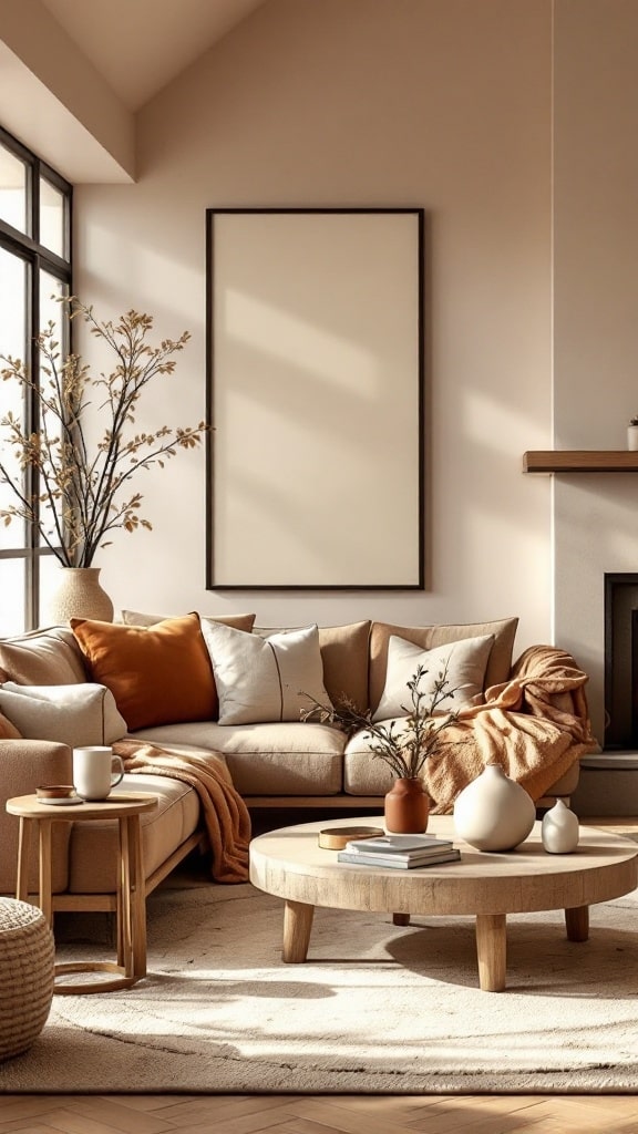 A cozy Japandi living room featuring a neutral sofa, warm cushions, and a wooden coffee table.