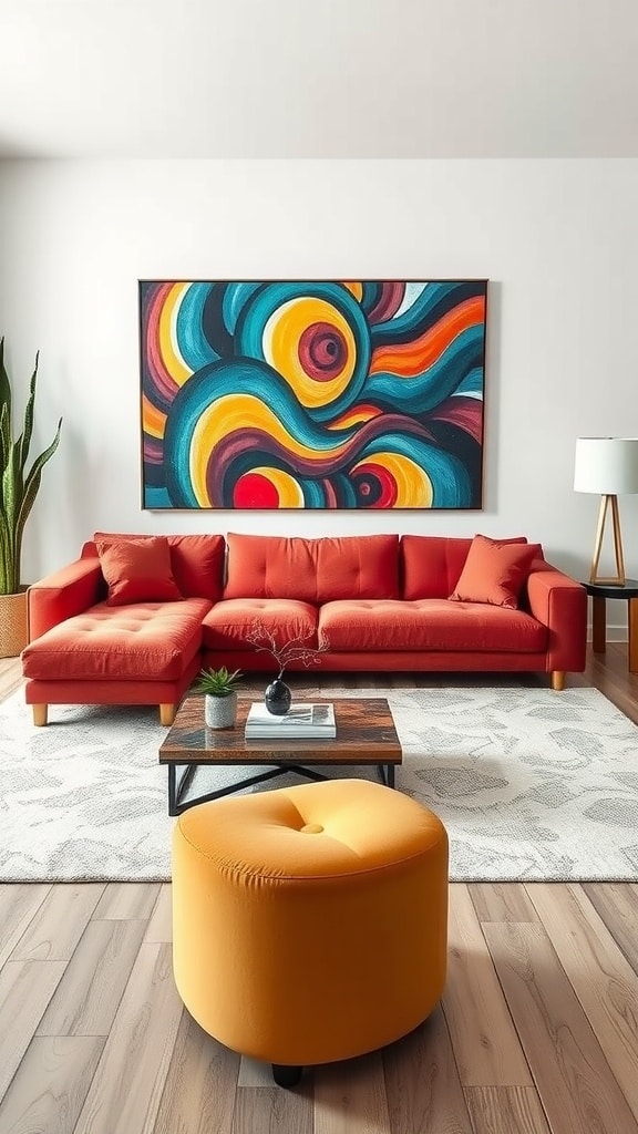 A vibrant red XL sofa in a modern living room, accompanied by colorful artwork and a yellow ottoman.