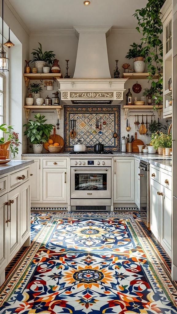 A kitchen with colorful mosaic stone flooring, white cabinets, and plants