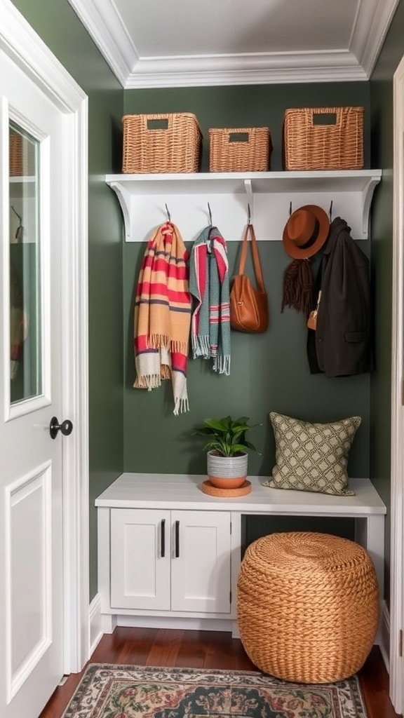 A cozy hallway with wall-mounted shelves displaying plants and framed pictures.