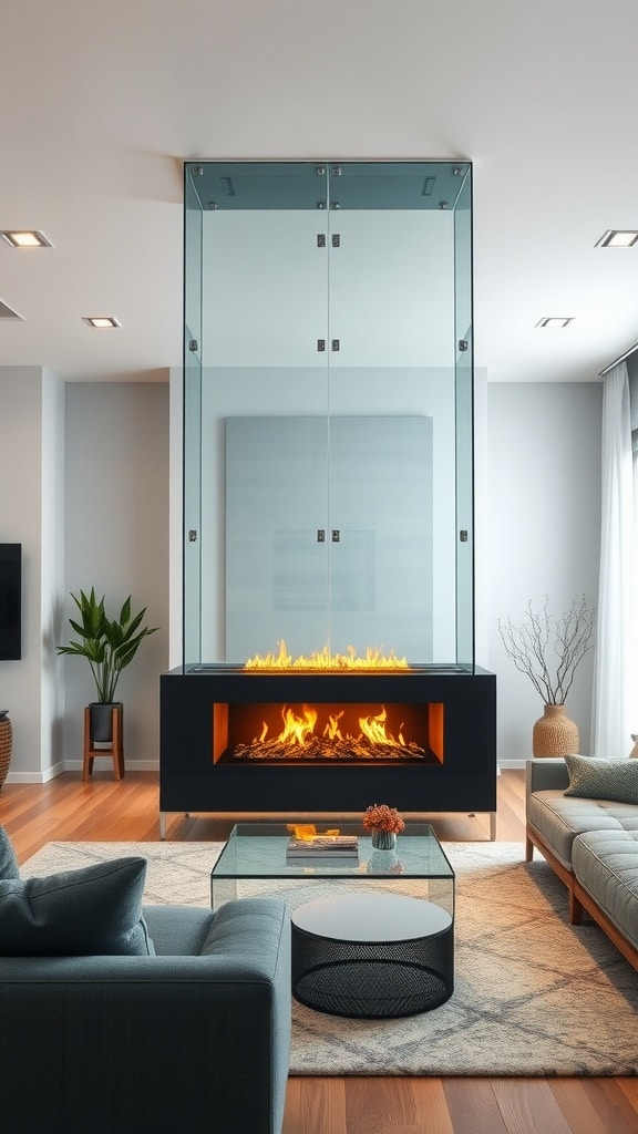 A modern double-sided glass fireplace in a contemporary living room