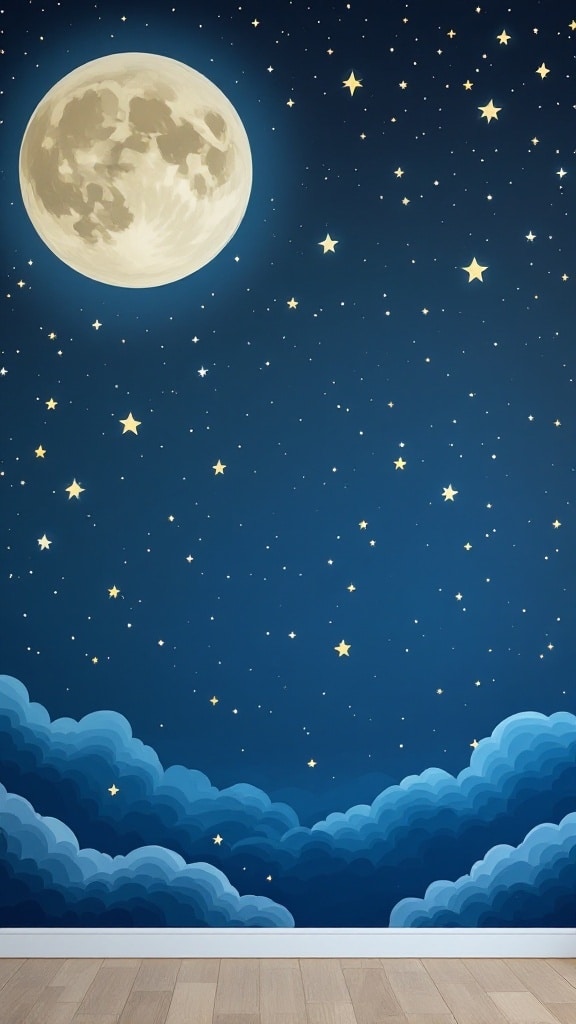 A night sky mural featuring a large moon and stars among clouds in a child's bedroom.