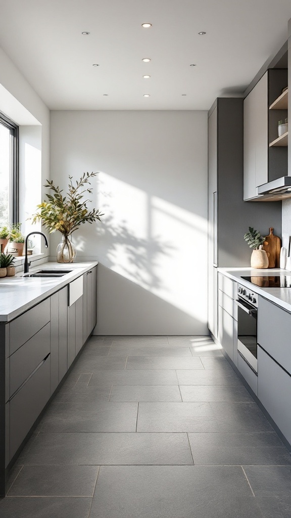 A modern kitchen featuring slate stone flooring, gray cabinets, and natural light.