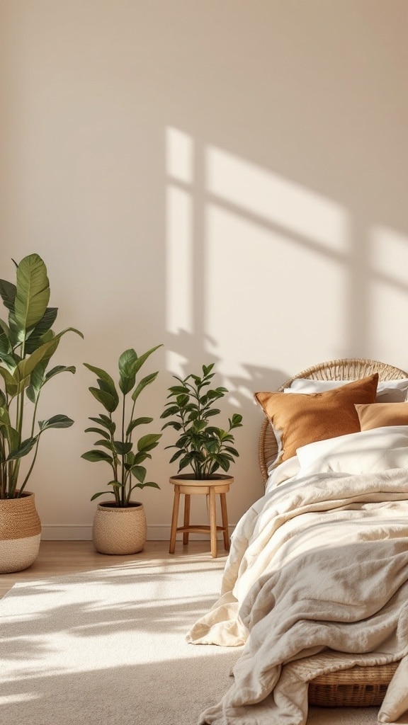 A cozy bedroom featuring earthy tones and greenery, with light beige walls, a plush blanket, brown accent pillows, and potted plants.