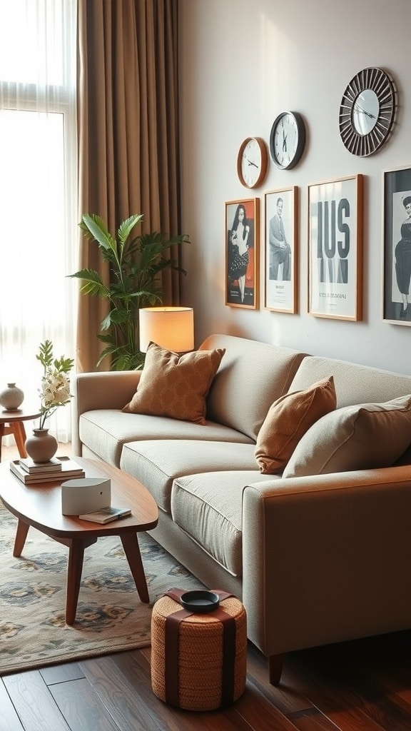 A mid-century modern sofa with decorative pillows, paired with a coffee table, surrounded by art on the walls and a plant.
