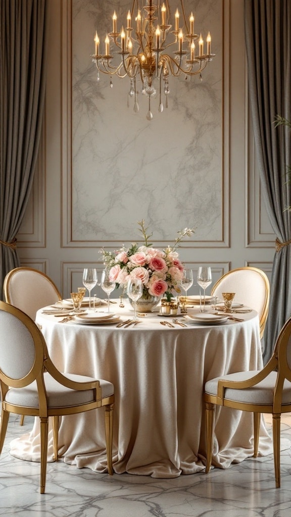 A round dining table covered with a beige tablecloth, adorned with pink roses and elegant tableware, in an elegant dining room with a chandelier.