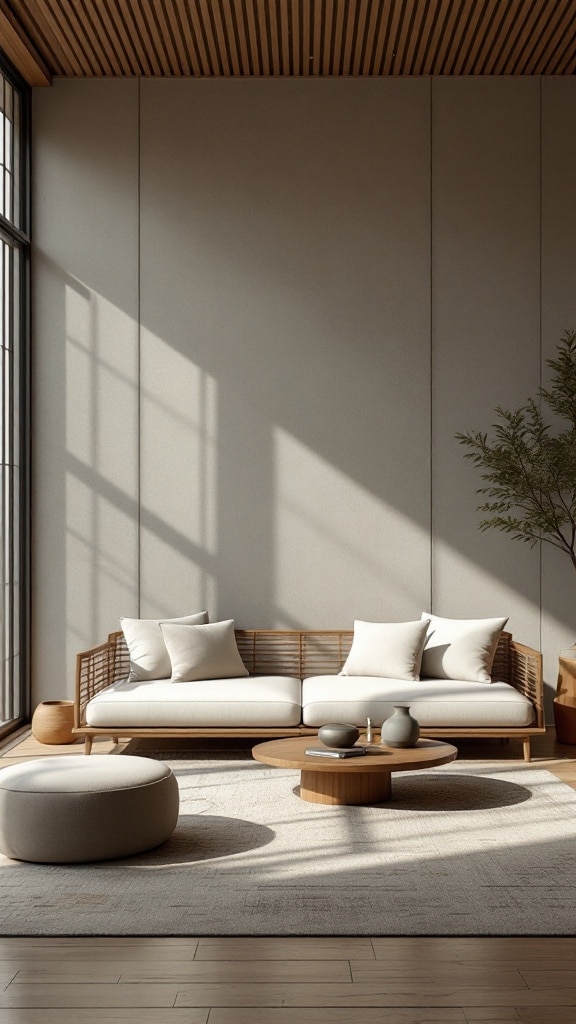 A minimalist living room featuring a low-profile sofa, round coffee table, and natural elements in a Japandi style.