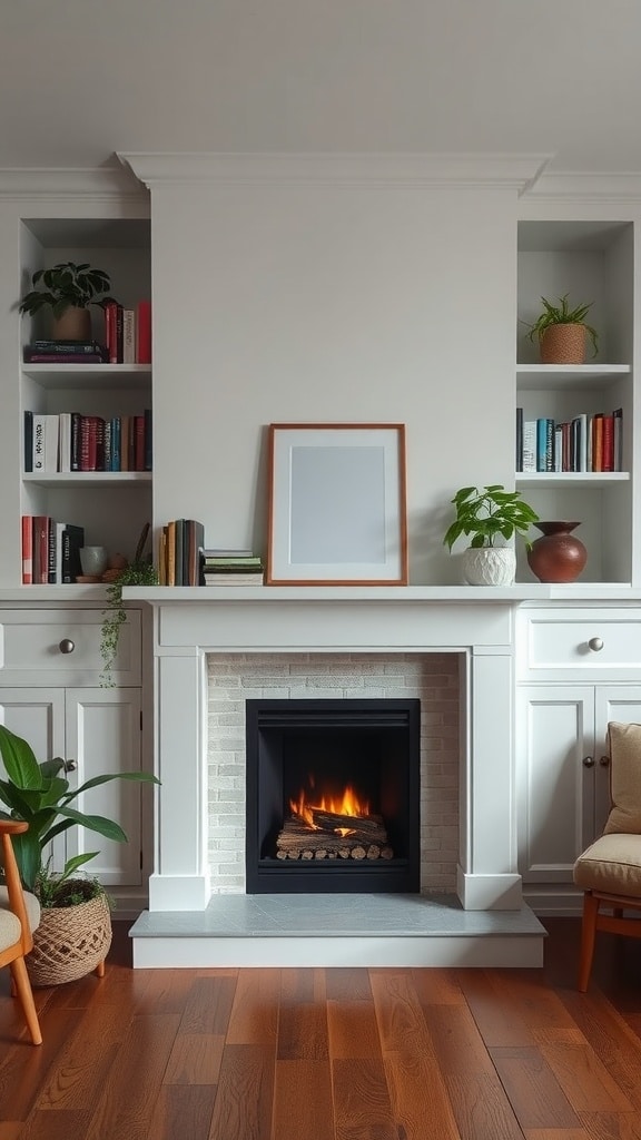Modern fireplace with built-in shelving and plants