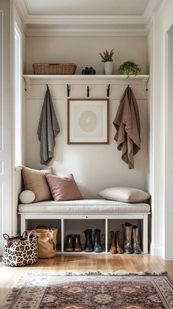 A hallway featuring a functional storage bench with pillows and organized footwear below, along with shelves above for hanging items and decor.