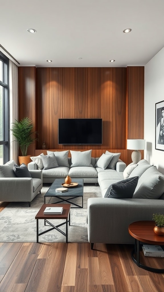 A modern living room featuring oversized sofas, a wooden accent wall, and a cozy layout.
