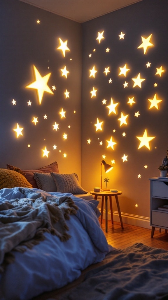 A cozy child's bedroom decorated with glow-in-the-dark star patterns on the walls, creating a warm and inviting atmosphere.